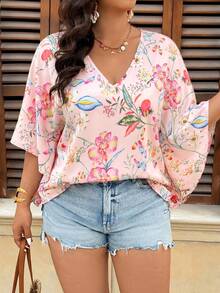 SHEIN VCAY Plus Size Boho V-Neck Tropical Floral Print Ruffled Sleeve Loose Blouse For Holiday, For Summer - Multicolor - View 1