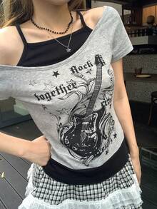 DAZY Áo top nữ casual họa tiết guitar & chữ in phối patchwork, đa năng cho mùa xuân & mùa hè - Xám - Xem 6
