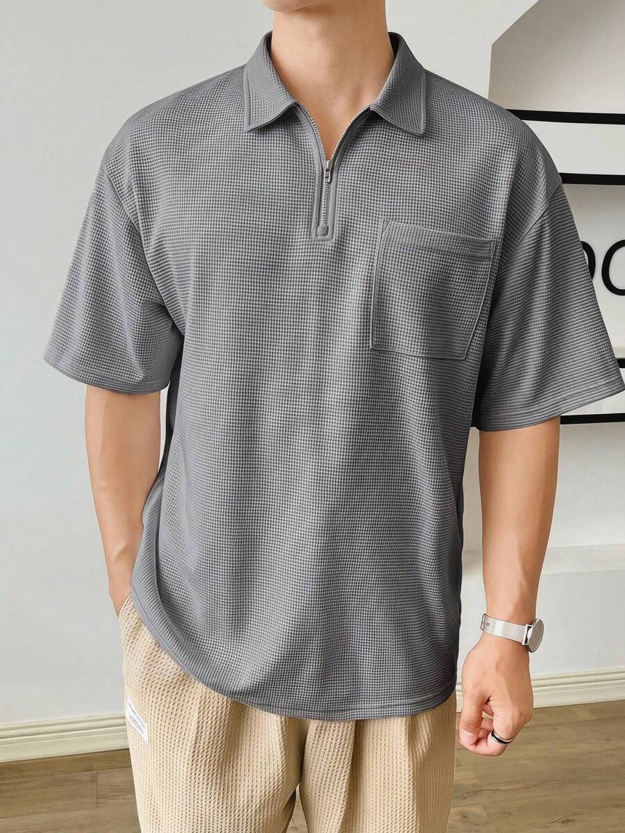 SWAVVY Men's Loose Fit Quarter-Zip Pocket Patchwork Dropped Shoulder Polo Shirt - Dark Grey - View 1
