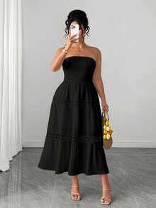 Elenzga Women's Strapless Cinched Waist Ruffle Trim Patchwork A-Line Textured Elegant Vacation Summer Plus Size Dress - Black - View 1