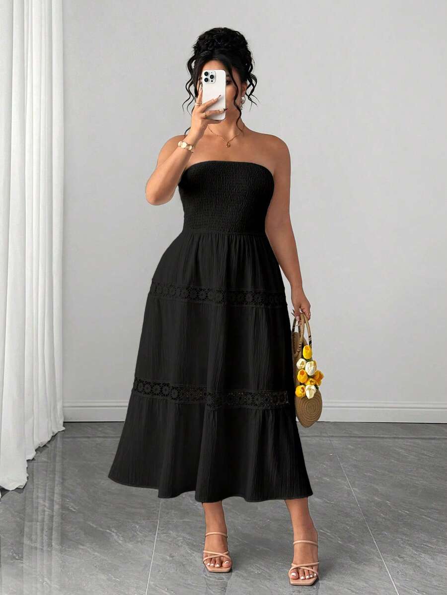 Elenzga Women's Strapless Cinched Waist Ruffle Trim Patchwork A-Line Textured Elegant Vacation Summer Plus Size Dress - Black - View 1