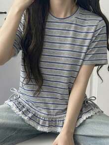 DAZY Women's Summer Casual Striped Ruffle T-Shirt Back-To-School Brunch School Grey - Grey - View 7
