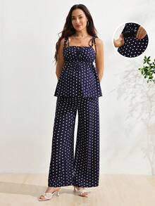 SHEIN Setelan Hamil 2 Potong: Atasan Tank Top Motif Polkadot dengan Tali Ikat dan Celana Panjang Longgar dengan Pinggang yang Dapat Diatur - Navy Blue - View 5