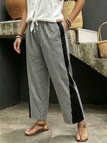 SHEIN LUNE CURVE Pantalones Blancos con Parches Talla Grande Casual Vacaciones Otoño Playa - Blanco y Negro - Ver 3