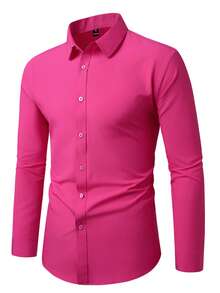 Manfinity Mode Camisa casual de manga larga de un solo color con abotonadura sencilla para hombres, para uso diario y ceremonias - Rosa Fucsia - Ver 4