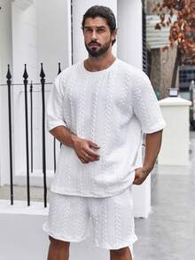 EGENSIO Plus Size Men's Textured Short Sleeve T-Shirt And Shorts Casual Set - White - View 5