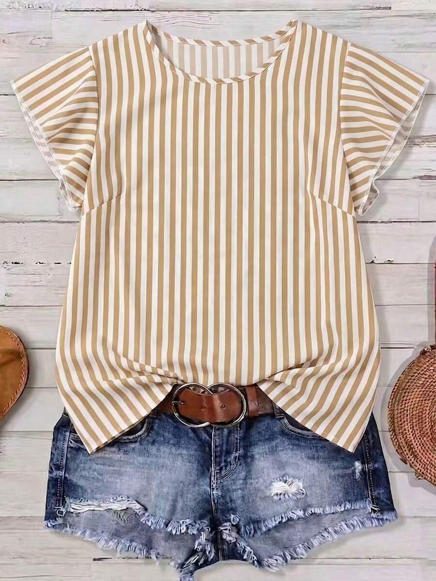 SHEIN 夏季條紋寬鬆休閒時尚大尺碼女款襯衫 - 駝色 - 查看 1