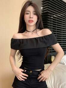 DAZY 女款露肩修身T恤性感風 - 黑色 - 查看 6