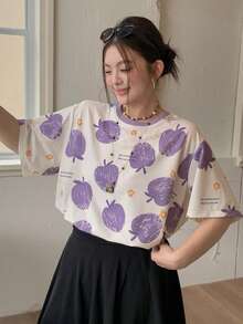 Dazy Plus Plus Size Colorblock Patchwork Striped Round Neck Loose Short Sleeve Pink Spring Summer T-Shirt Graphic Tee - Purple - View 2