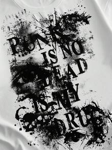 ROMWE MEN Street Life 男士口號印花短袖圓領T恤與抽繩腰短褲休閒套裝 - 黑與白 - 查看 3