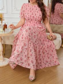 Modelyn Vestido largo de línea A con mangas abullonadas de gasa con estampado floral, talla grande, ajuste regular, primavera/verano - Rosa Pálido - Ver 7