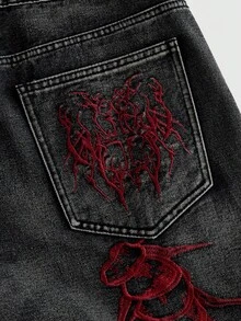 ROMWE MEN Casual 男士深色哥德風刺繡直筒長褲 - 深灰色 - 查看 5