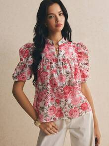 Poéselle Women's Elegant Floral All-Over Print Petal Sleeve Blouse For Summer - Red - View 7