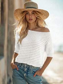 SHEIN Holidaya 夏季純色不對稱下擺鏤空針織上衣 - 白色 - 查看 7
