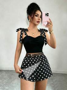 SHEIN Franclia 女款波點肩結上衣與裙褲休閒日常兩件套 - 黑色 - 查看 3