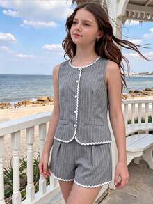 Teen Girl Striped Patchwork Top And Shorts Casual Daily Set - Multicolor - View 3