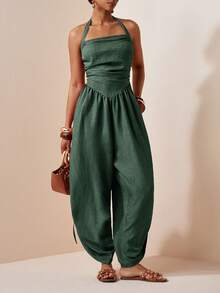 Zivah Jumpsuit Wanita Warna Polos untuk Liburan, Model Liburan, dengan Lipit di Bagian Bawah, Tali Serut, dan Leher Halter. - Hijau Tentara - View 10