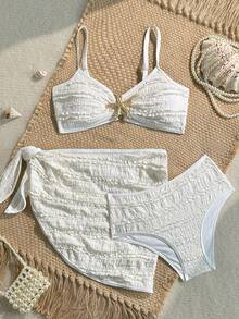SHEIN Tween Girls' Summer Beach Vacation Solid Color Textured Fabric Metal Starfish Decor Bikini 3-Piece Set: Bikini Set, Cover-Up, And Skirt - Apricot - View 3