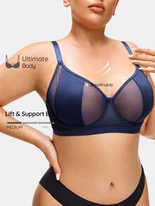 SHAPORA Curve Lingerie 日常穿着简约网眼拼接大码钢圈文胸，海军蓝 - 藏蓝色 - 查看 1