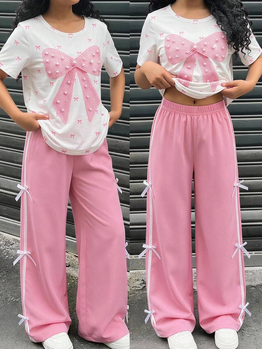 SHEIN 2pcs Set Girls' Casual Bow Print Short Sleeve T-Shirt And Solid Color Ribbon Bow Long Pants, Slim Fit, Suitable For Summer Travel, Vacation, School And Other Outings - Pink - View 1