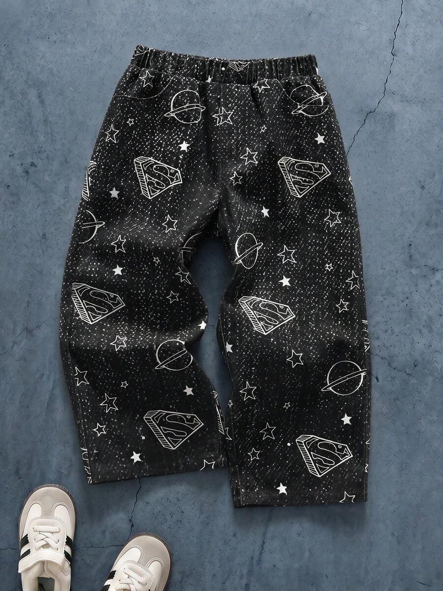 SUPERMAN X SHEIN Young Boy Geometric Pattern Patch Pocket Wide Leg Casual Denim Jeans - Black - View 1