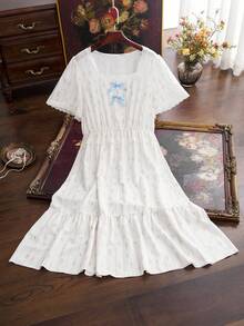 Côtesoire French Elegant Pastoral Ditsy Floral Contrast Color Bow Ruffle Lace Patchwork Loose Comfortable Plus Size Nightgown White Summer - Multicolor - View 1