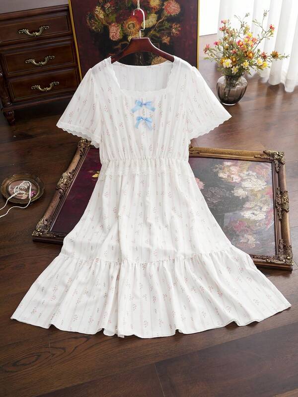 Côtesoire French Elegant Pastoral Ditsy Floral Contrast Color Bow Ruffle Lace Patchwork Loose Comfortable Plus Size Nightgown White Summer