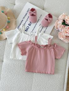 SHEIN 2pcs/Pack Young Girl White Baby Pink Color Off-Shoulder Lettuce Edge Short Sleeve Top T-Shirt - Multicolor - View 8