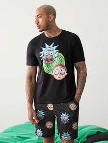 Rick and Morty X SHEIN Conjunto de Roupa de Descanso Masculino com Camiseta de Manga Curta Gola Redonda Estampa de Anime Cartoon e Shorts com Bolso - Preto - Visão 8