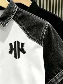 Manfinity Hypemode 美式復古仿丹寧磨損拼接NY字母印花 Polo 衫，成熟休閒上衣，男女款圖案 T-shirt，適合日常通勤與夏季休閒穿著 - 彩色 - 查看 3