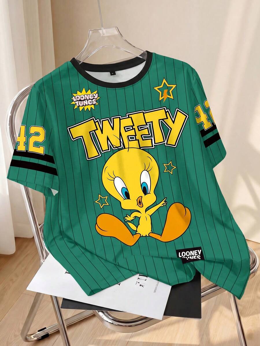 LOONEY TUNES X SHEIN 女式休闲卡通字母条纹印花撞色领口短袖 T 恤,夏季 - 白色 - 查看 1
