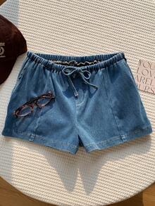CovetEZ Women's Drawstring Waist Casual Versatile Daily Travel Denim Shorts , Summer Brazil World Cup 2026 Beach Going Out Casual - Medium Wash - View 5