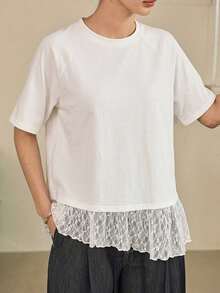 Dazy-Less Women's Lace Patchwork Solid Color Casual Round Neck Short Sleeve T-Shirt, Spring/Summer - White - View 5