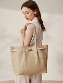 MOTF WOMEN'S FASHION APRICOT TOTE BAG, EXQUISITE STRAPS, RETRO WOVEN EMBOSSED MATERIAL SHOULDER BAG, LARGE CAPACITY COMMUTER BAG - Apricot - View 1