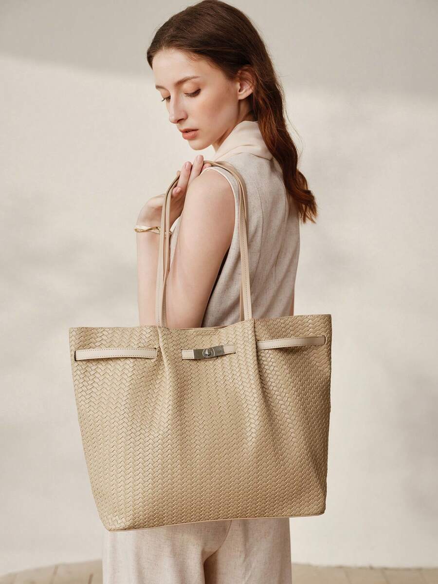 MOTF WOMEN'S FASHION APRICOT TOTE BAG, EXQUISITE STRAPS, RETRO WOVEN EMBOSSED MATERIAL SHOULDER BAG, LARGE CAPACITY COMMUTER BAG - Apricot - View 1