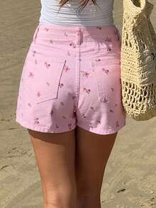 Livesso Ditsy Floral Frayed Hem Casual Women Denim Shorts - Pink - View 2