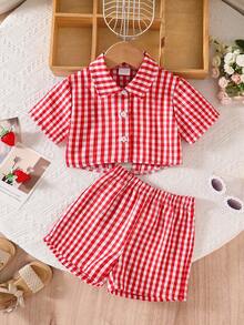 2026 女童幼兒超可愛夏季套裝，格紋印花雛菊上衣 + 短褲 2件組 - 紅色 - 查看 3