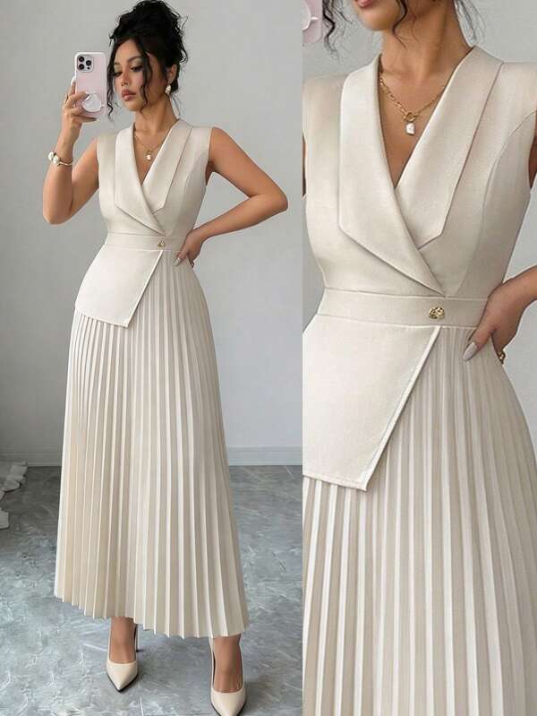 Elenzga Women's Elegant Apricot Solid Color Lapel Pleated Dress, Neckline And Belt Design, Exquisite Professional Attire, Suitable For Office, Commuting, Street Style, French Romantic, Casual, Middle Eastern Vintage, Afternoon Tea, Party, Thanksgiving, Back To School Season, Spring/Summer New Fashion Sleeveless Loose Pleated Dress