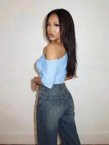 Slaydiva Summer Vacation Beachfront Party Date Birthday Night Out Elegant Casual Off-Shoulder Loose Fit Waist Pleated Light Blue T-Shirt Top-A,Summer Top - Baby Blue - View 2