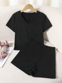 青少年女孩夏季極簡風粉色短袖T恤與短褲2件套，新款短版T恤＋鬆緊腰短褲套裝，休閒運動百搭穿搭，適合青少年女孩與學生，針織面料，適用於日常外出、運動與居家休閒 - 黑色 - 查看 3