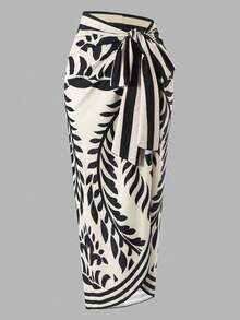 Swim Oasis Women's Elegant Black And White Botanical Print V-Neck One-Piece Swimsuit For Summer Beach Vacation With Beach Maxi Skirt - Multicolor - View 10