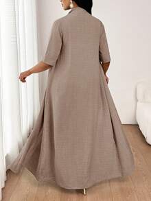 SHEIN Tall CURVE Plus Size Casual Traditional Elegant Commuter Lounge Vacation Solid Color Long Jacket And Pants 2 Pieces Set Evening Business Formal Autumn Fall - Khaki - View 3