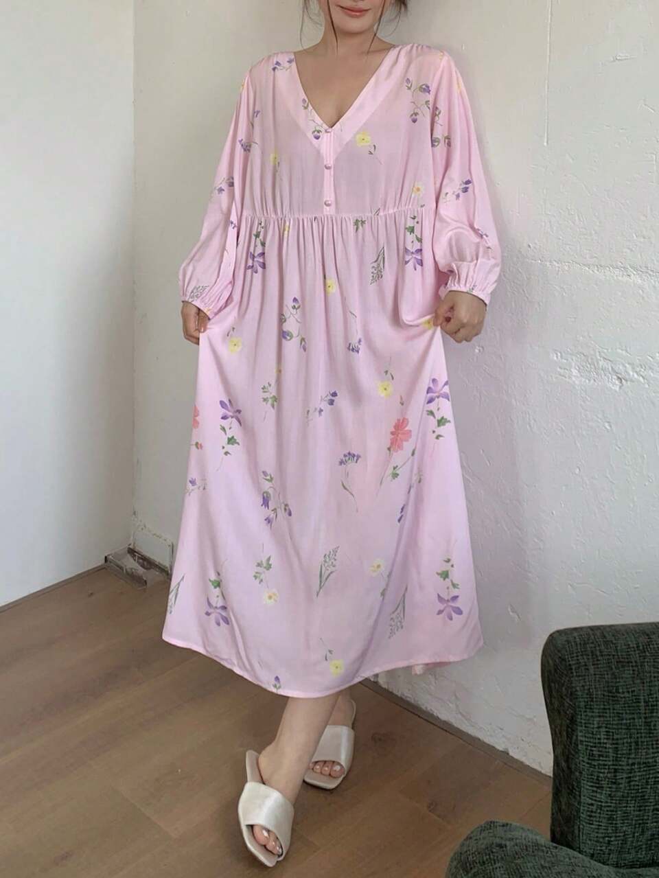 Dazy Plus Spring Floral Print All-Over Long Dress, Plus Size Women's Summer Spring Autumn Nightgown