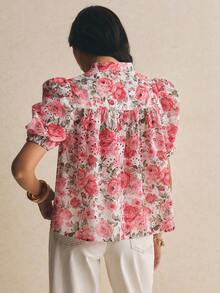 Poéselle Women's Elegant Floral All-Over Print Petal Sleeve Blouse For Summer - Red - View 2