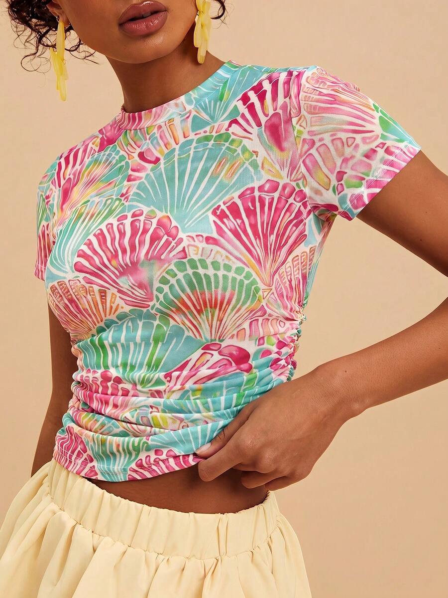 Travachic 2026 Spring/Summer New Women's Slim Fit Printed Short Sleeve Mesh Sheer Ruched Cool Top, Suitable For Vacation/Casual Wear In Various Relaxing Occasions - Multicolor - View 1