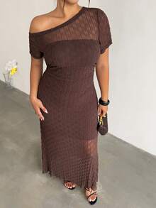 Firerie Plus Size Summer Elegant Solid Color Asymmetric Neckline Dress - Coffee Brown - View 7