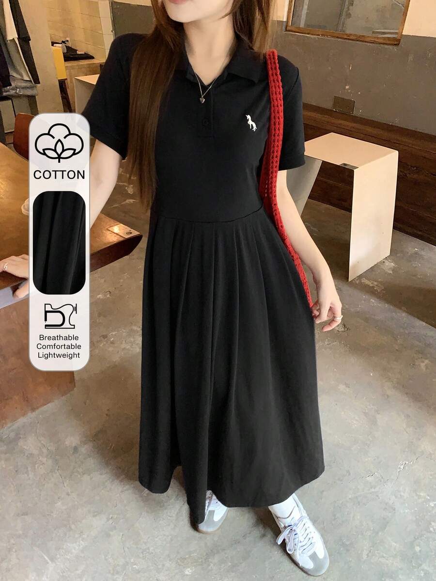 DAZY 夏季女款休閒對比色刺繡圖案百褶中長洋裝可愛上衣 - 黑色 - 查看 1