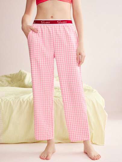 Eraneu Dopamine Pink & White Plaid Wide Leg Pants, Lazy Casual Style, Slimming Drape, Loungewear Bottoms, 1pc/Pack