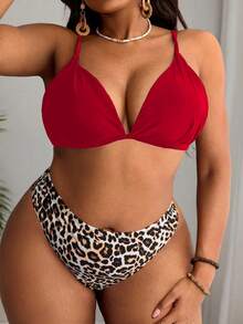 SHEIN Swim 大尺碼女款豹紋純色高腰比基尼泳褲 2件組 海灘度假 米色 夏季 性感 紅色 - 彩色 - 查看 2