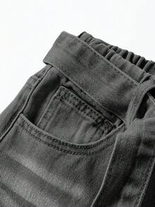 SHEIN 女童2件組牛仔套裝，夏季，柔軟，棉質，休閒，時尚，百搭，舒適，極簡，無袖牛仔背心，圓領，後開衩單鈕扣，彈性腰圍，蝴蝶結腰帶，經典五口袋修身版型，黑灰色水洗2件組牛仔褲套裝，適合日常出遊與度假 - 灰色 - 查看 5